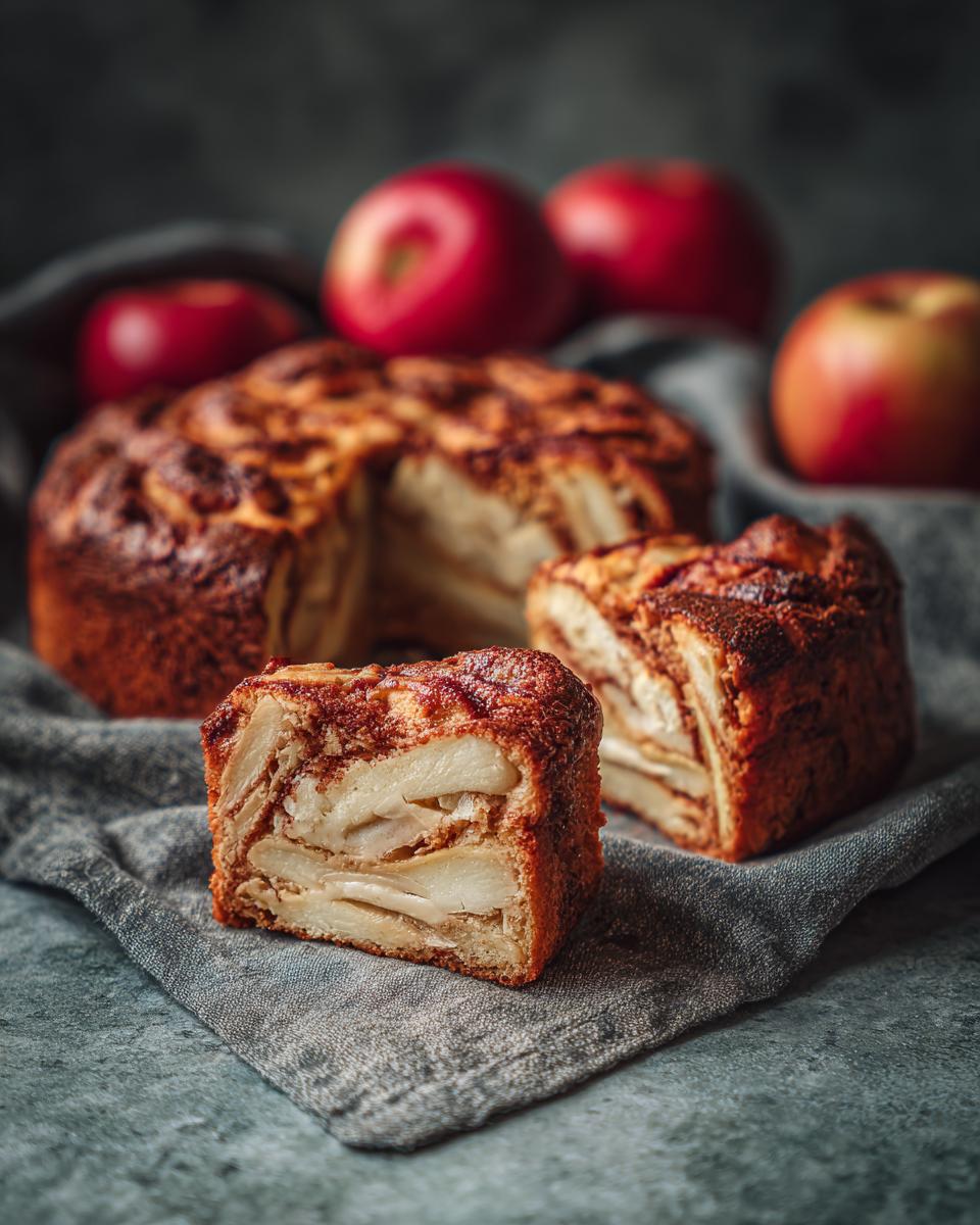 A slice of saftiger Zimtschnecken Apfelkuchen, a moist cinnamon swirl apple cake, on a gray cloth with apples.