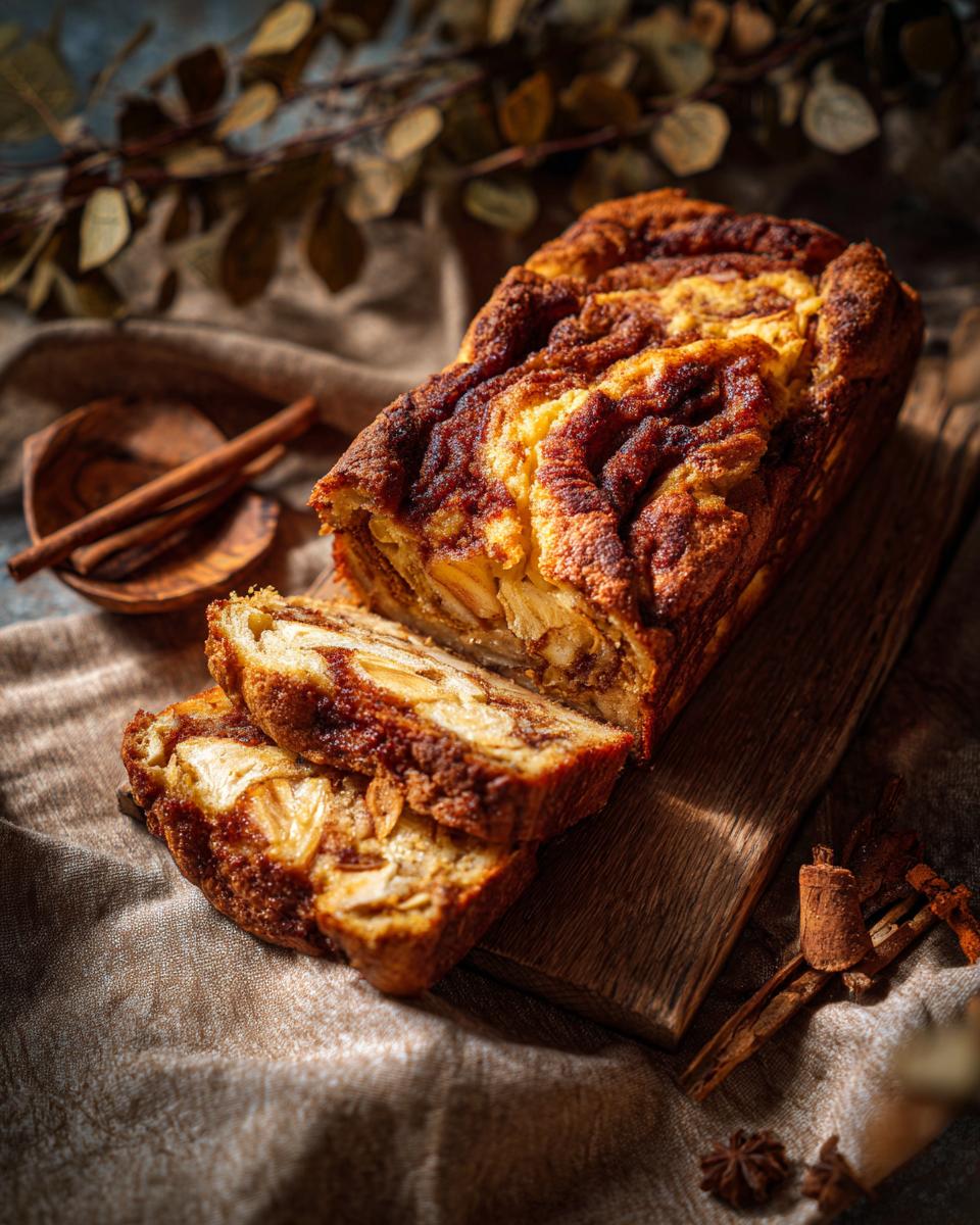 Slices of Saftiger Zimtschnecken Apfelkuchen, a moist cinnamon swirl apple cake, on a wooden board.