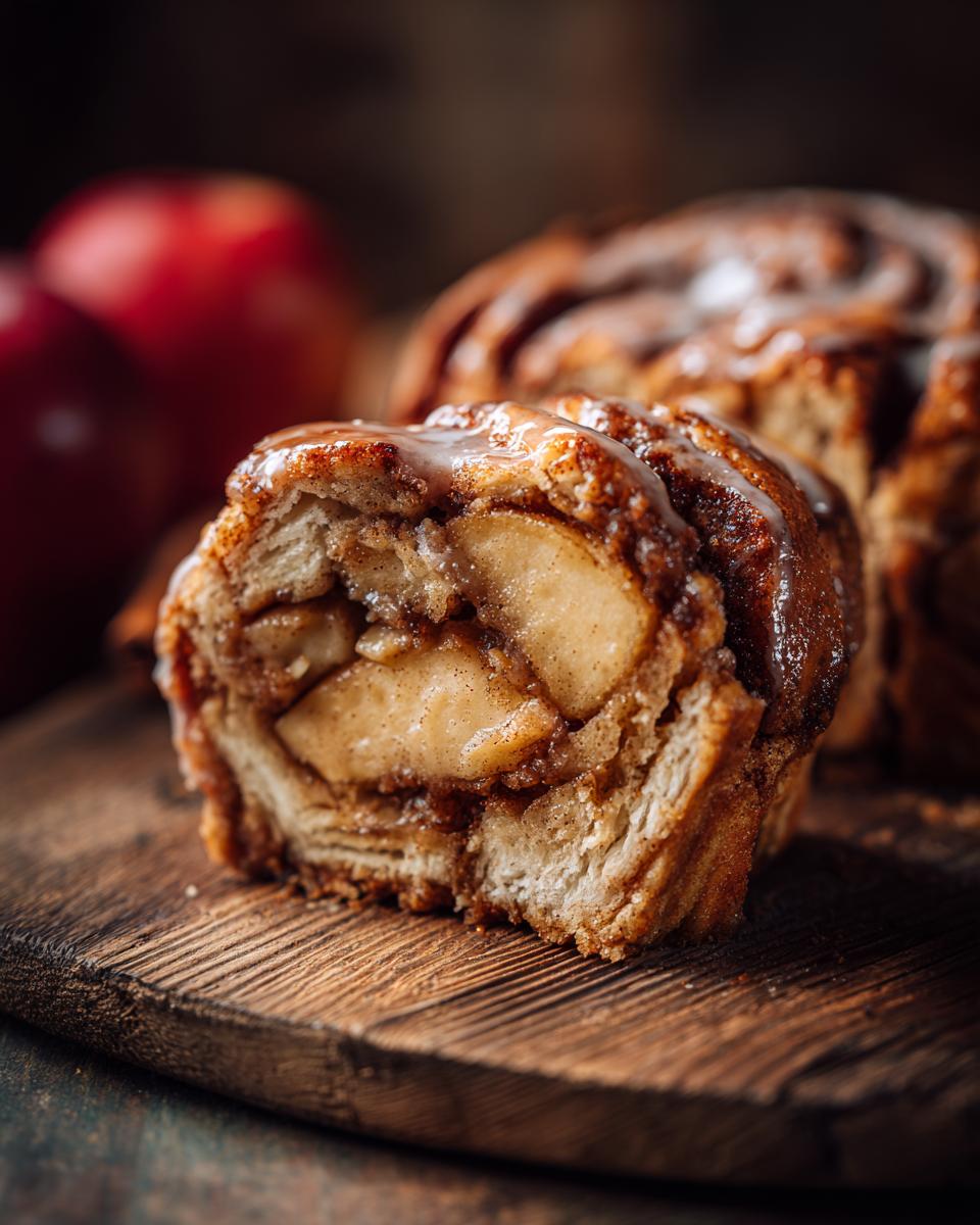 Close-up of a slice of saftiger Zimtschnecken Apfelkuchen, showing apple filling and cinnamon swirl.