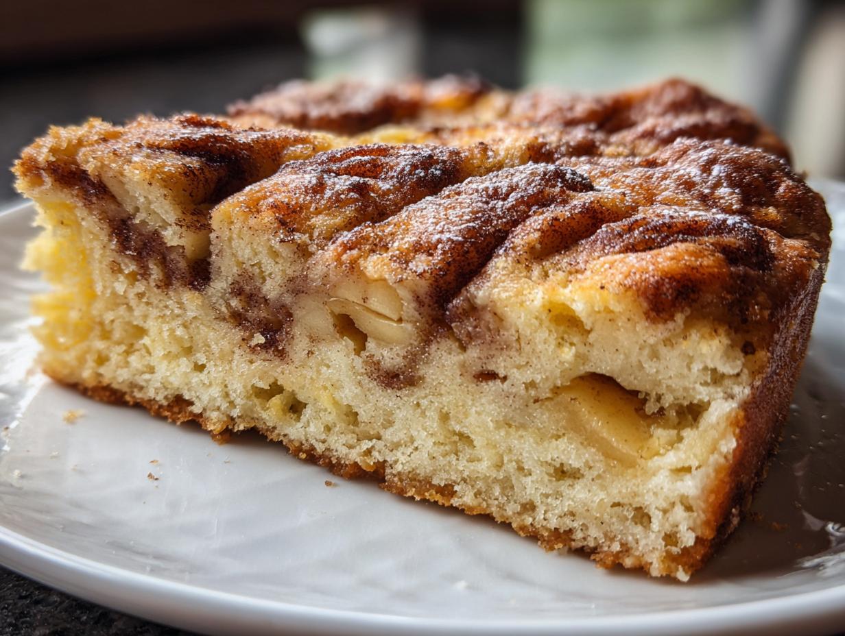 Close-up of a slice of Saftiger Zimtschnecken Apfelkuchen, showing the apple and cinnamon swirl layers.
