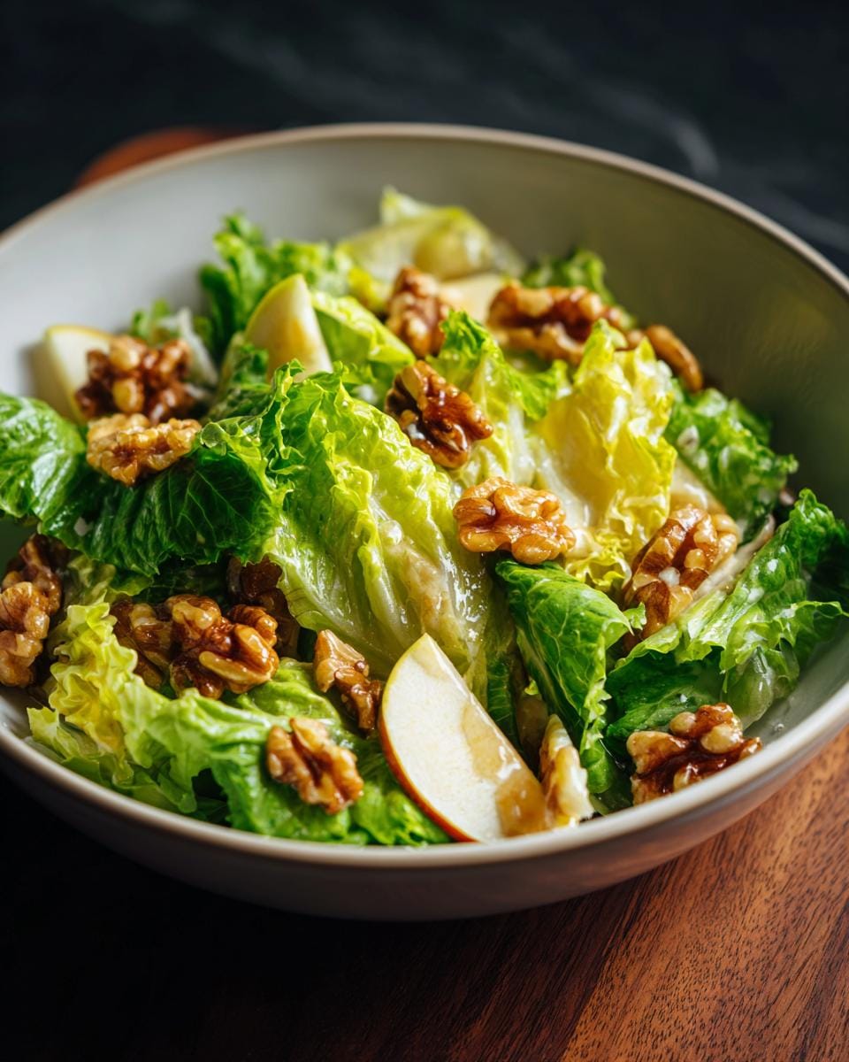 Close-up of Salat mit Apfel und karamellisierten Walnüssen in a bowl, featuring lettuce, apple slices, and caramelized walnuts.
