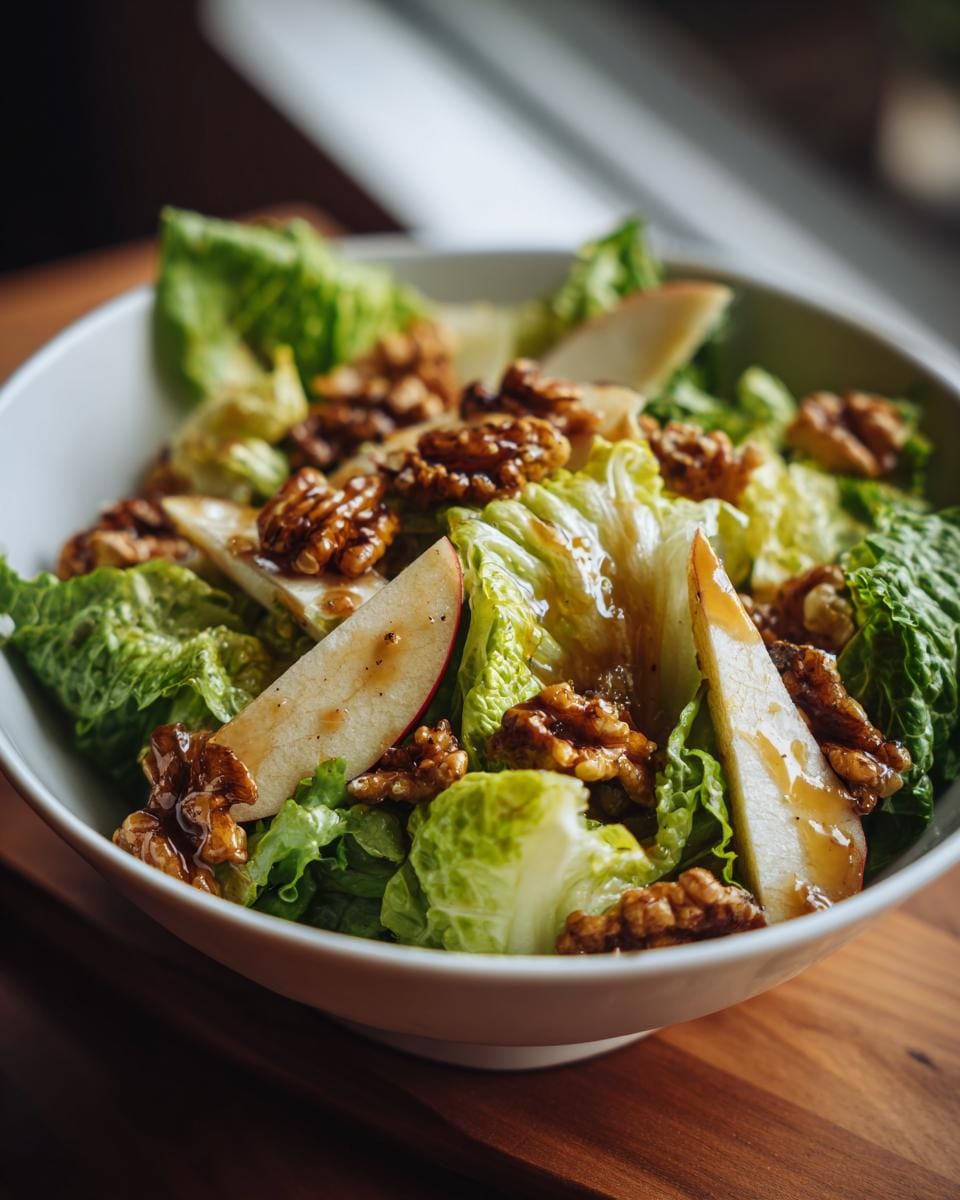 Close-up of Salat mit Apfel und karamellisierten Walnüssen in a white bowl, featuring lettuce, apple slices, and glazed walnuts.
