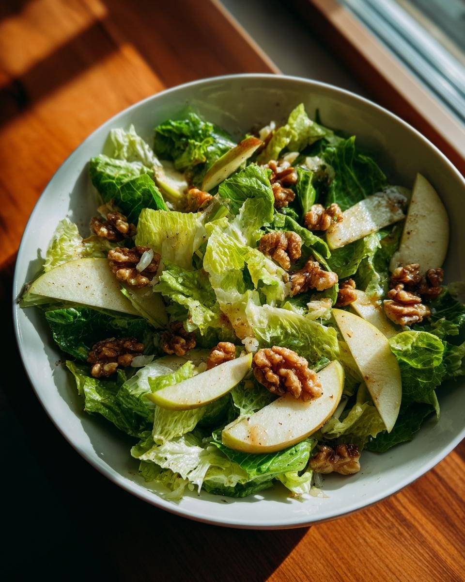 Overhead shot of Salat mit Apfel und karamellisierten Walnüssen in a bowl, featuring lettuce, apples, and walnuts.