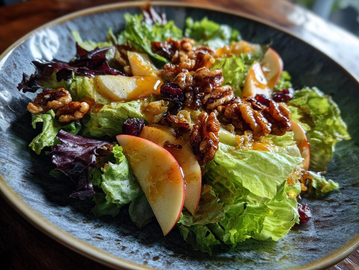 Delicious Salat mit Apfel und karamellisierten Walnüssen on a plate, featuring lettuce, apple slices, and caramelized walnuts.