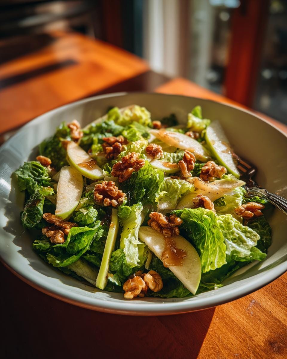 A bowl of Salat mit Apfel und karamellisierten Walnüssen, featuring lettuce, apple slices, and caramelized walnuts.