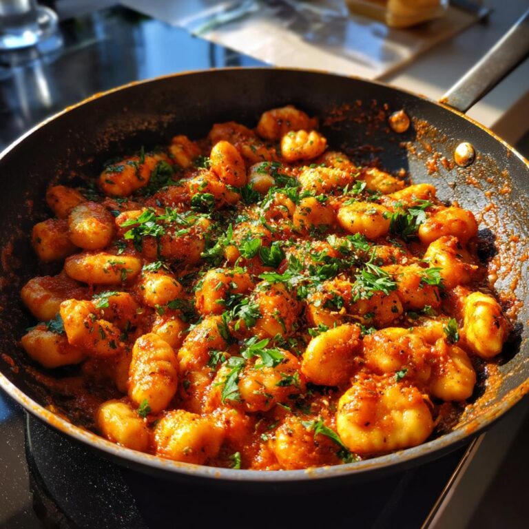 Schnelle Gnocchi-Pfanne mit Tomate, serviert in einer schwarzen Pfanne und mit frischer Petersilie garniert.