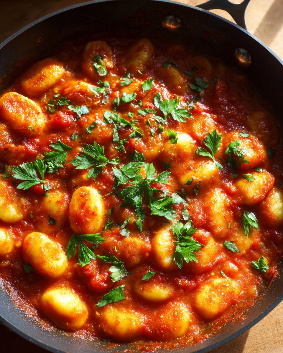 Nahaufnahme einer Schnelle Gnocchi-Pfanne mit Tomate, garniert mit frischer Petersilie in einer schwarzen Pfanne.