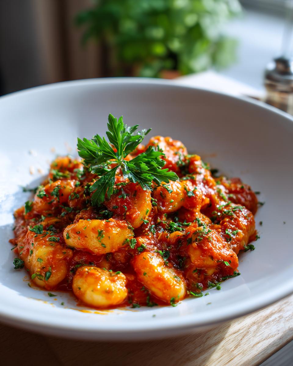 Eine Portion Schnelle Gnocchi-Pfanne mit Tomate, garniert mit Petersilie, serviert in einem weißen Teller.