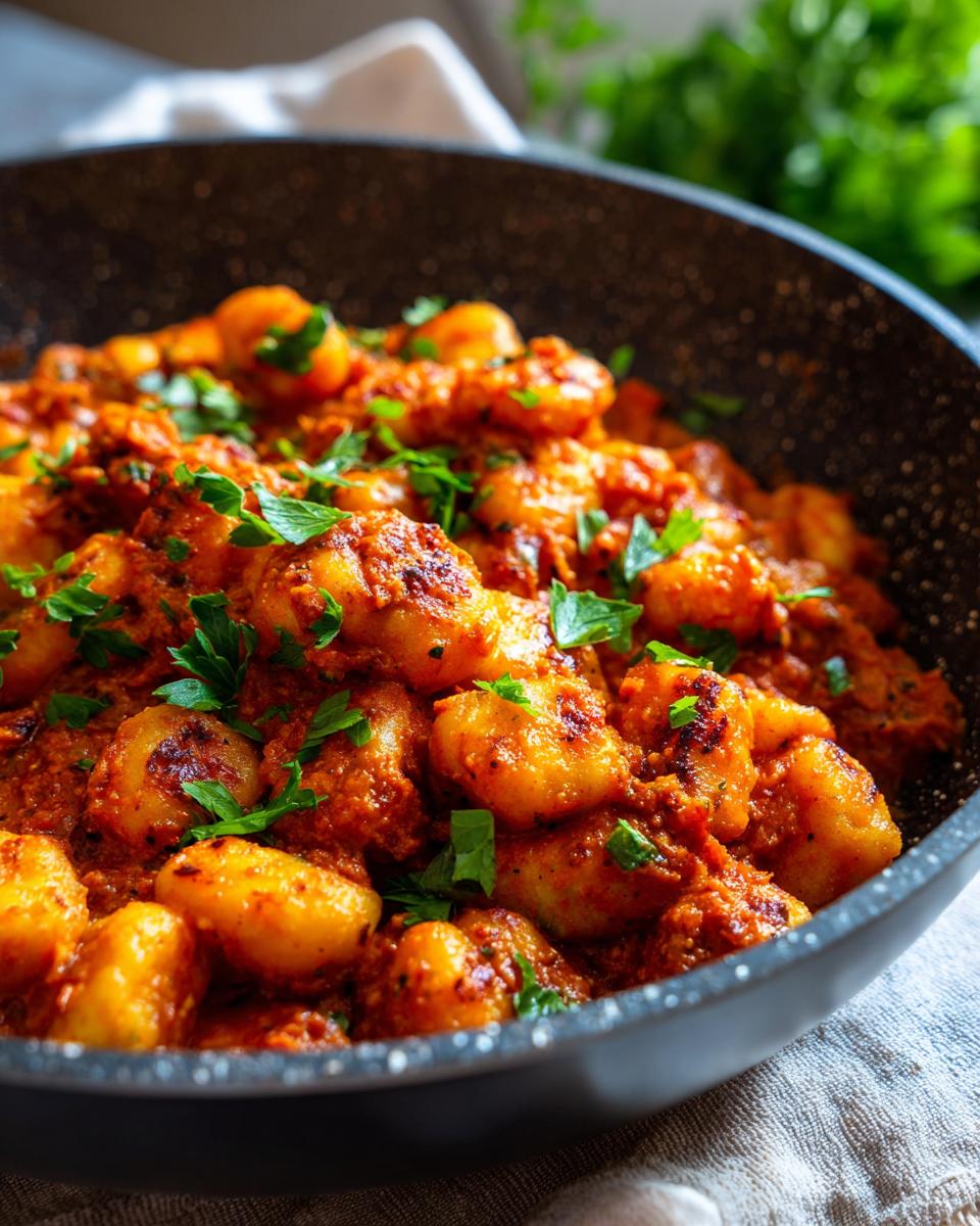 Nahaufnahme einer Schnelle Gnocchi-Pfanne mit Tomate, garniert mit frischer Petersilie.