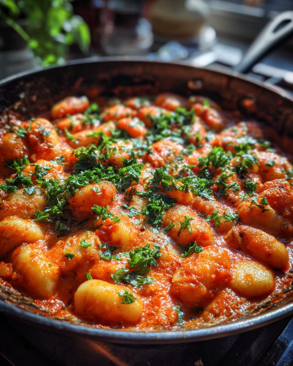 Close-up of Schnelle Gnocchi-Pfanne mit Tomate, garnished with fresh parsley, in a skillet.