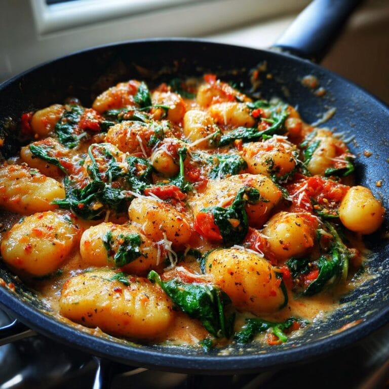 A pan filled with Schnelle Gnocchi-Pfanne mit Tomate & Spinat, featuring gnocchi, tomatoes, and spinach.