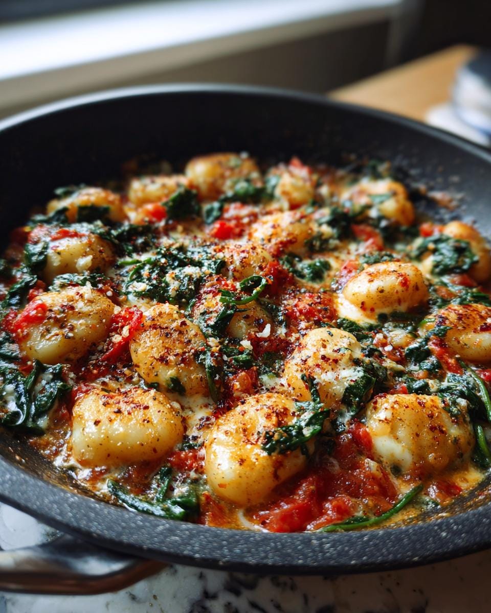 Close-up of Schnelle Gnocchi-Pfanne mit Tomate & Spinat in a pan, featuring gnocchi, spinach, and tomato sauce.