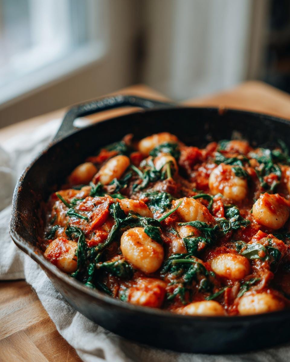 Close-up of Schnelle Gnocchi-Pfanne mit Tomate & Spinat in a cast iron skillet. Gnocchi, tomatoes, and spinach are visible.