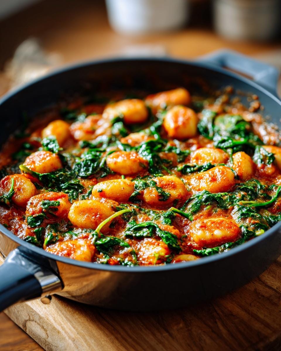 Close-up of Schnelle Gnocchi-Pfanne mit Tomate & Spinat in a pan, showing gnocchi, spinach, and tomato sauce.