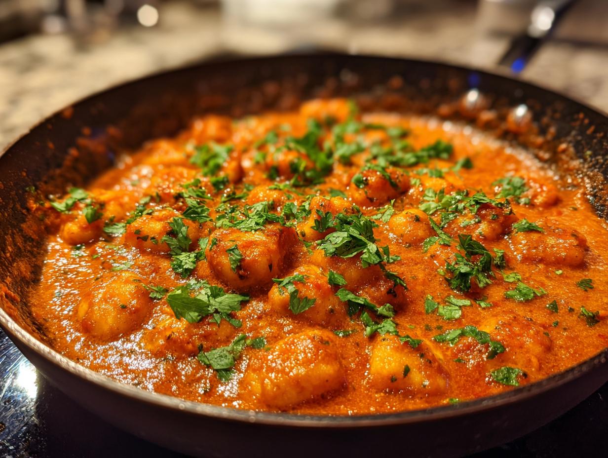 Nahaufnahme einer Schnelle Gnocchi-Pfanne mit Tomate, garniert mit frischer Petersilie.