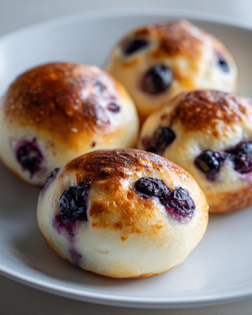 Four Schnelle Heidelbeer-Quarkbrötchen (Quark-Öl-Teig) on a plate, showcasing blueberries and golden-brown crust.