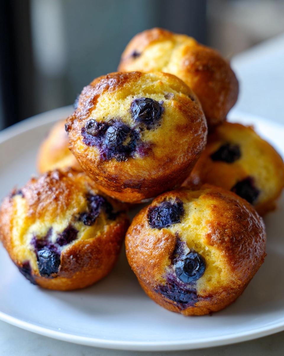 A stack of freshly baked Schnelle Heidelbeer-Quarkbrötchen (Quark-Öl-Teig) with blueberries on a white plate.