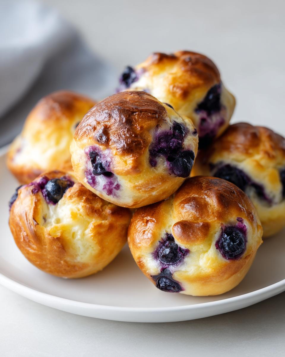 Stack of freshly baked Schnelle Heidelbeer-Quarkbrötchen (Quark-Öl-Teig) with blueberries on a white plate.