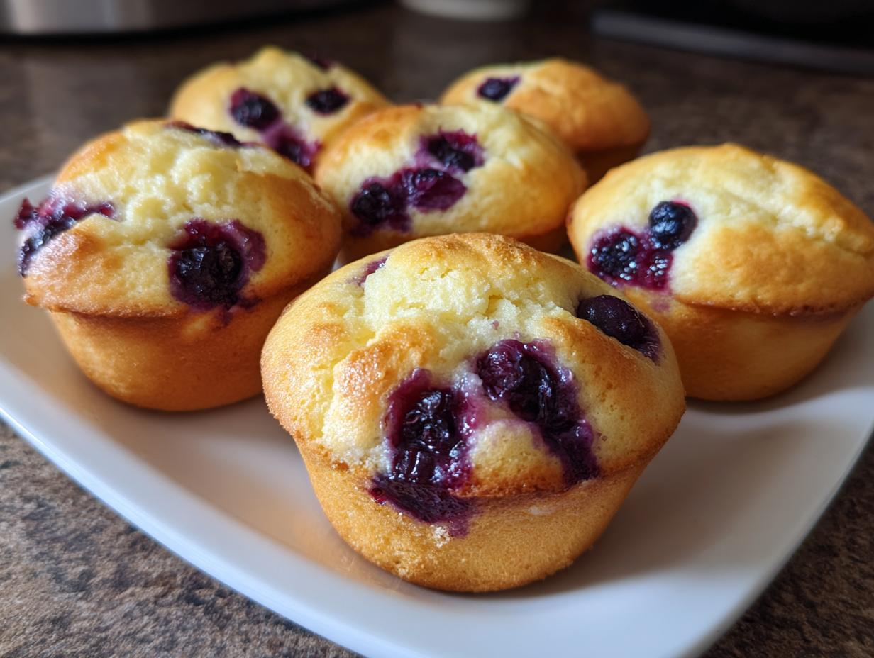 Several Schnelle Heidelbeer-Quarkbrötchen (Quark-Öl-Teig) on a white plate, showcasing their golden crust and blueberry topping.