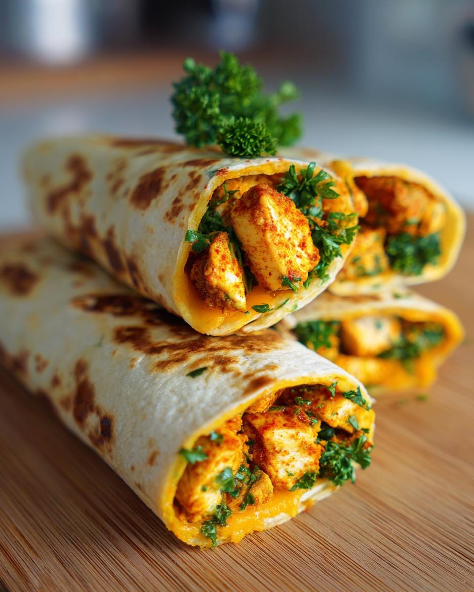 Stapled Schnelle Käse-Knoblauch-Hähnchen-Wraps with parsley garnish on a wooden board.