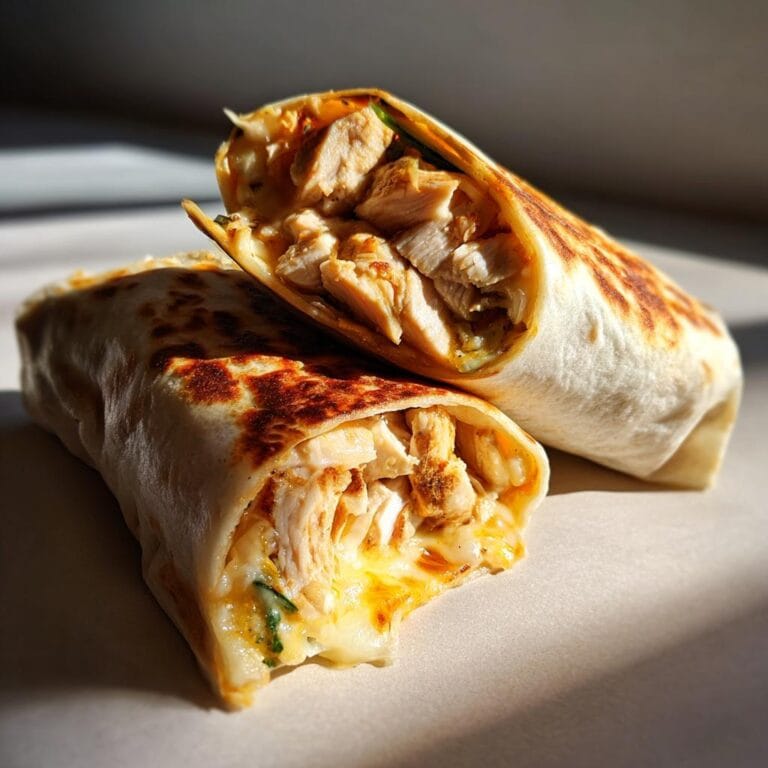 Two Schnelle Käse-Knoblauch-Hähnchen-Wraps, one cut in half, showing chicken and cheese filling.
