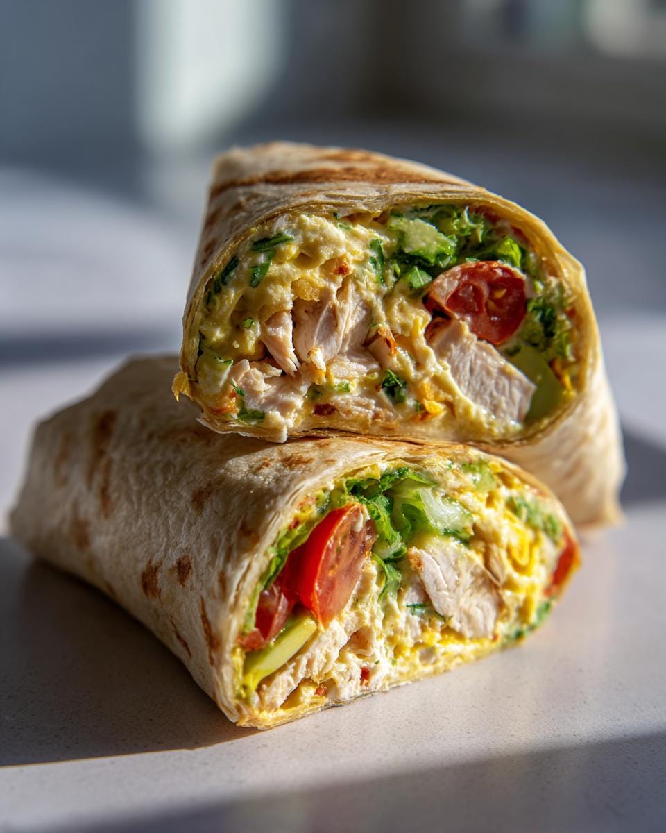 Two Schnelle Käse-Knoblauch-Hähnchen-Wraps cut in half, showing the chicken, cheese, garlic, and vegetable filling.