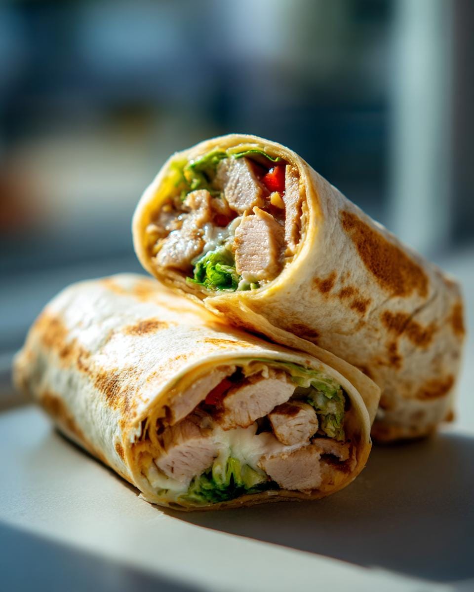 Two Schnelle Käse-Knoblauch-Hähnchen-Wraps cut in half, showing chicken, cheese, and lettuce filling.