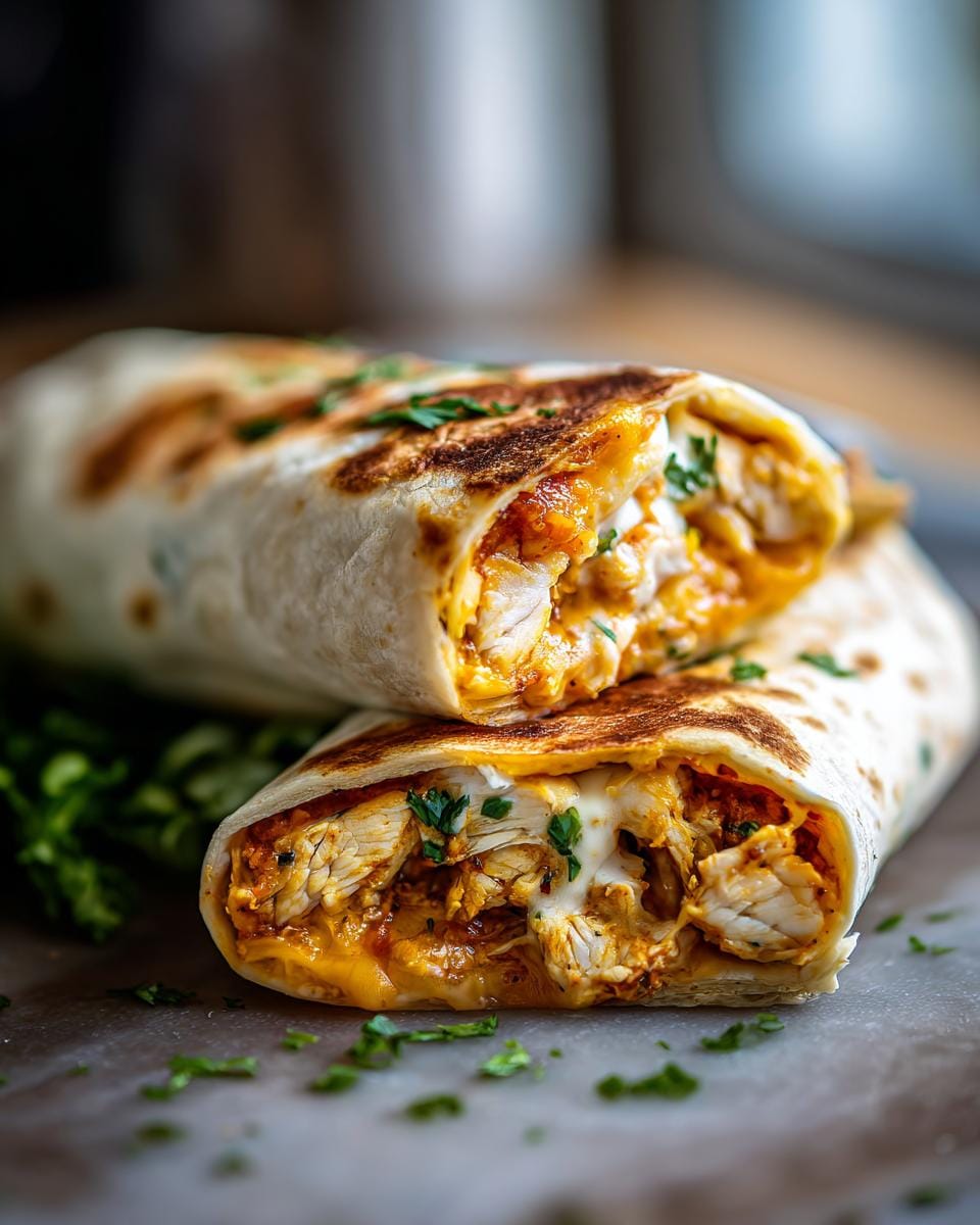 Two Schnelle Käse-Knoblauch-Hähnchen-Wraps cut in half, showing the cheesy chicken filling and herbs.