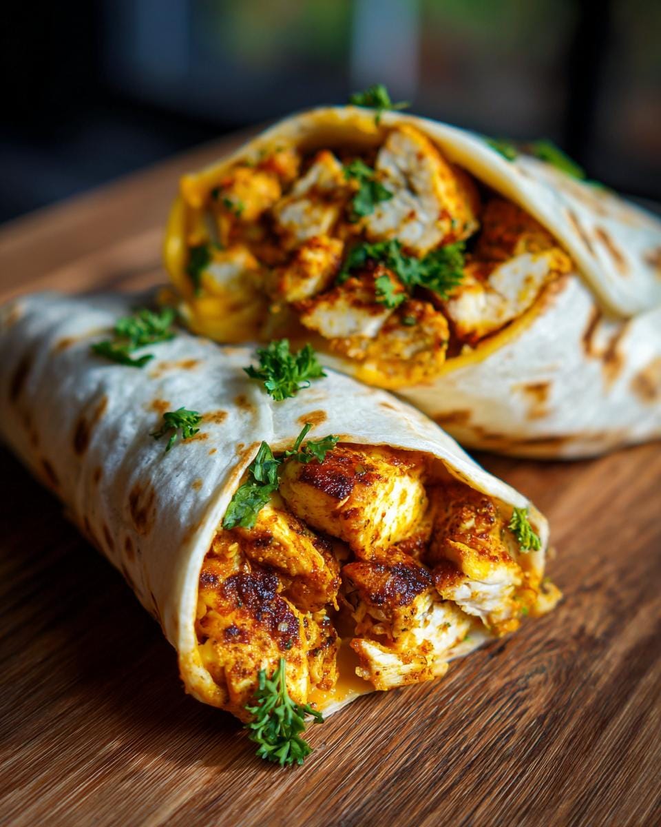 Two Schnelle Käse-Knoblauch-Hähnchen-Wraps on a wooden board, garnished with fresh parsley.