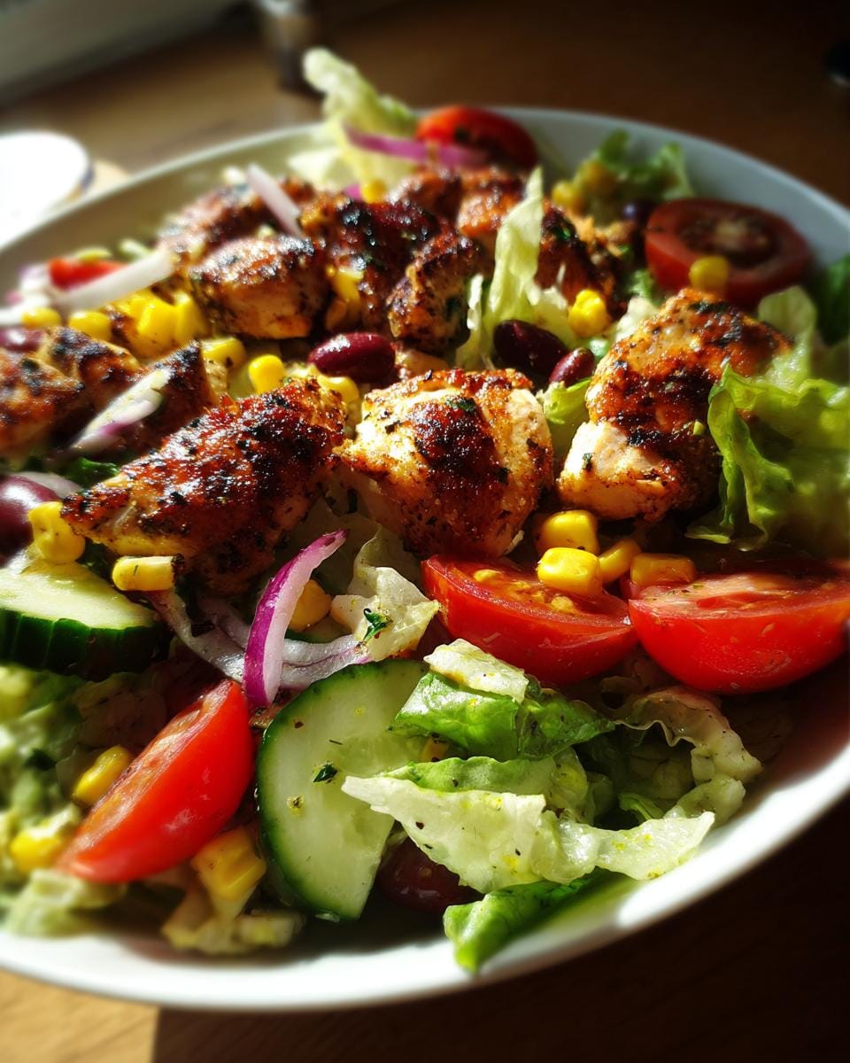 Close-up of a Schneller Fitness Salat bowl with grilled chicken, lettuce, corn, tomatoes, cucumber, and red onion.