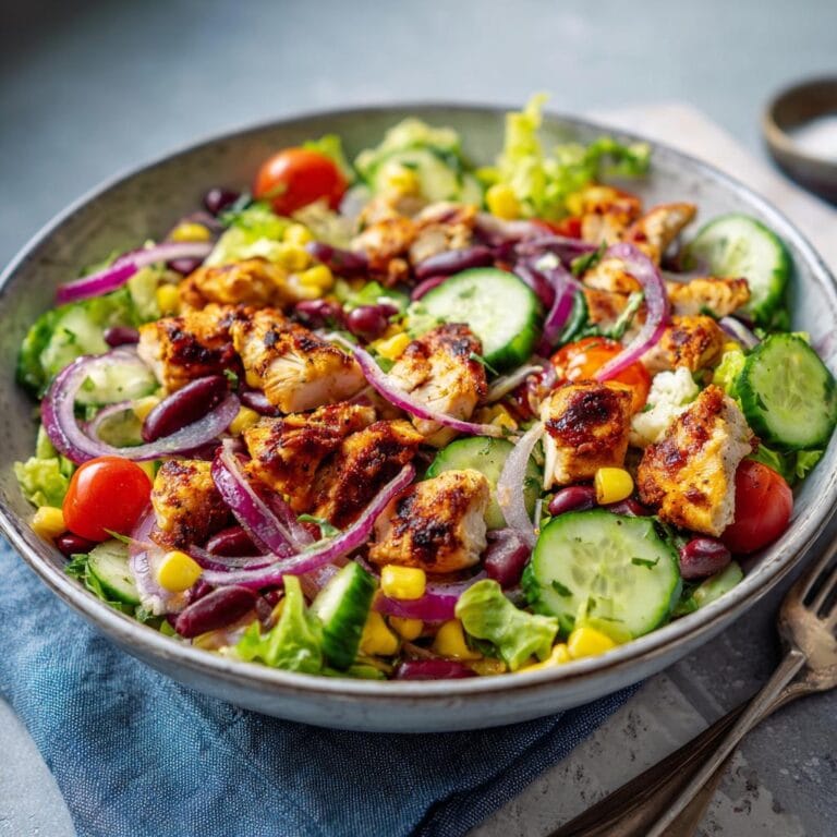 A vibrant bowl of Schneller Fitness Salat with grilled chicken, fresh vegetables, and kidney beans.
