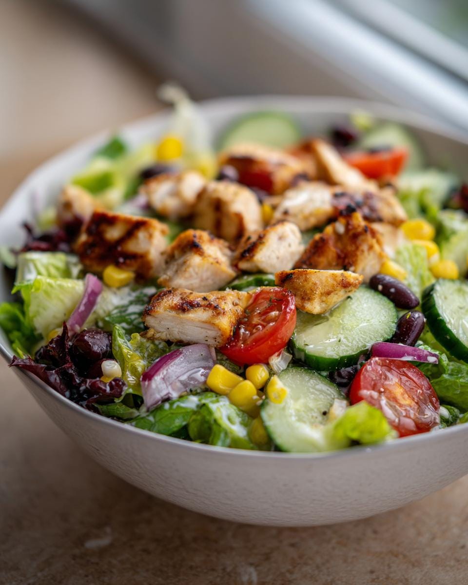 Bowl of Schneller Fitness Salat with grilled chicken, lettuce, cucumber, tomatoes, corn, and red onion.