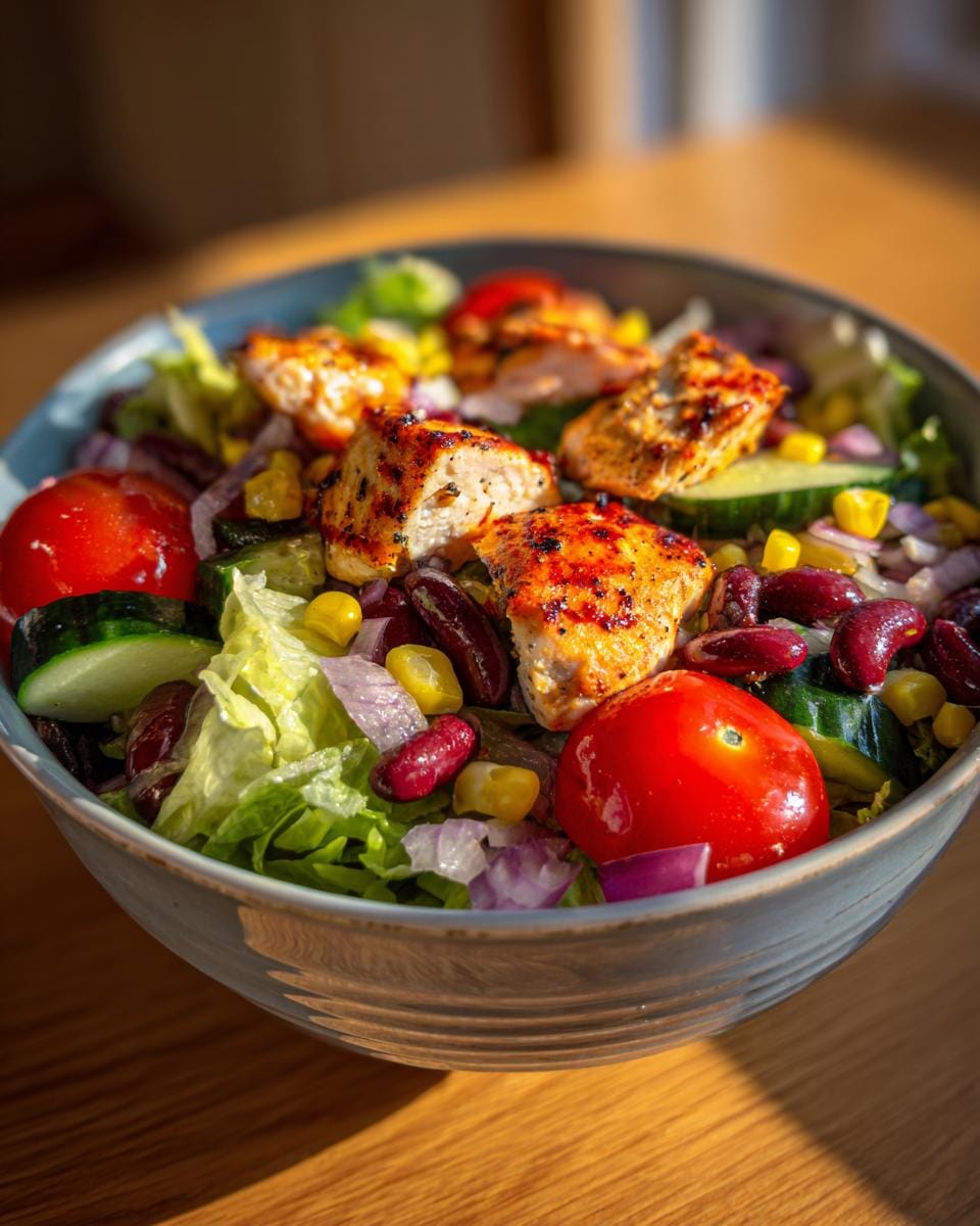 Bowl of Schneller Fitness Salat with grilled chicken, kidney beans, corn, tomatoes, cucumber, and lettuce.
