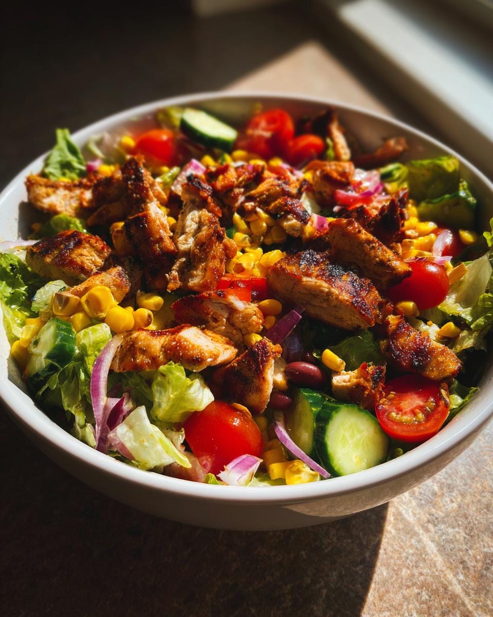 Bowl of Schneller Fitness Salat with grilled chicken, corn, tomatoes, cucumber, and red onion.