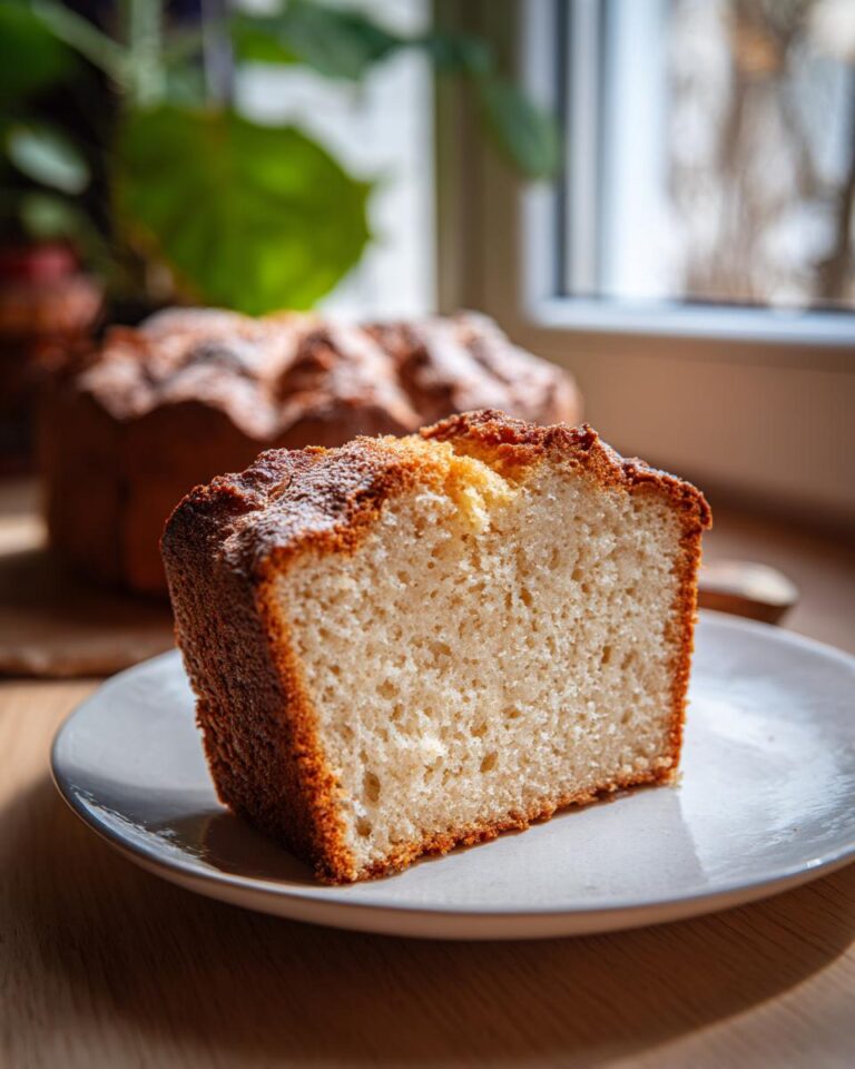 A slice of Schneller Quarkkuchen, a quick German quark cake, on a plate, showing the cake's texture.