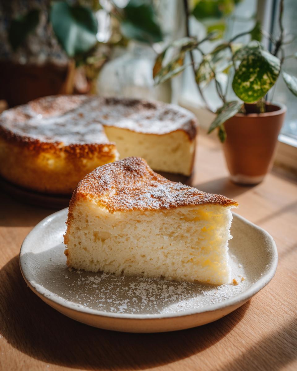 A slice of Schneller Quarkkuchen dusted with powdered sugar on a plate, with the rest of the cake in the background.