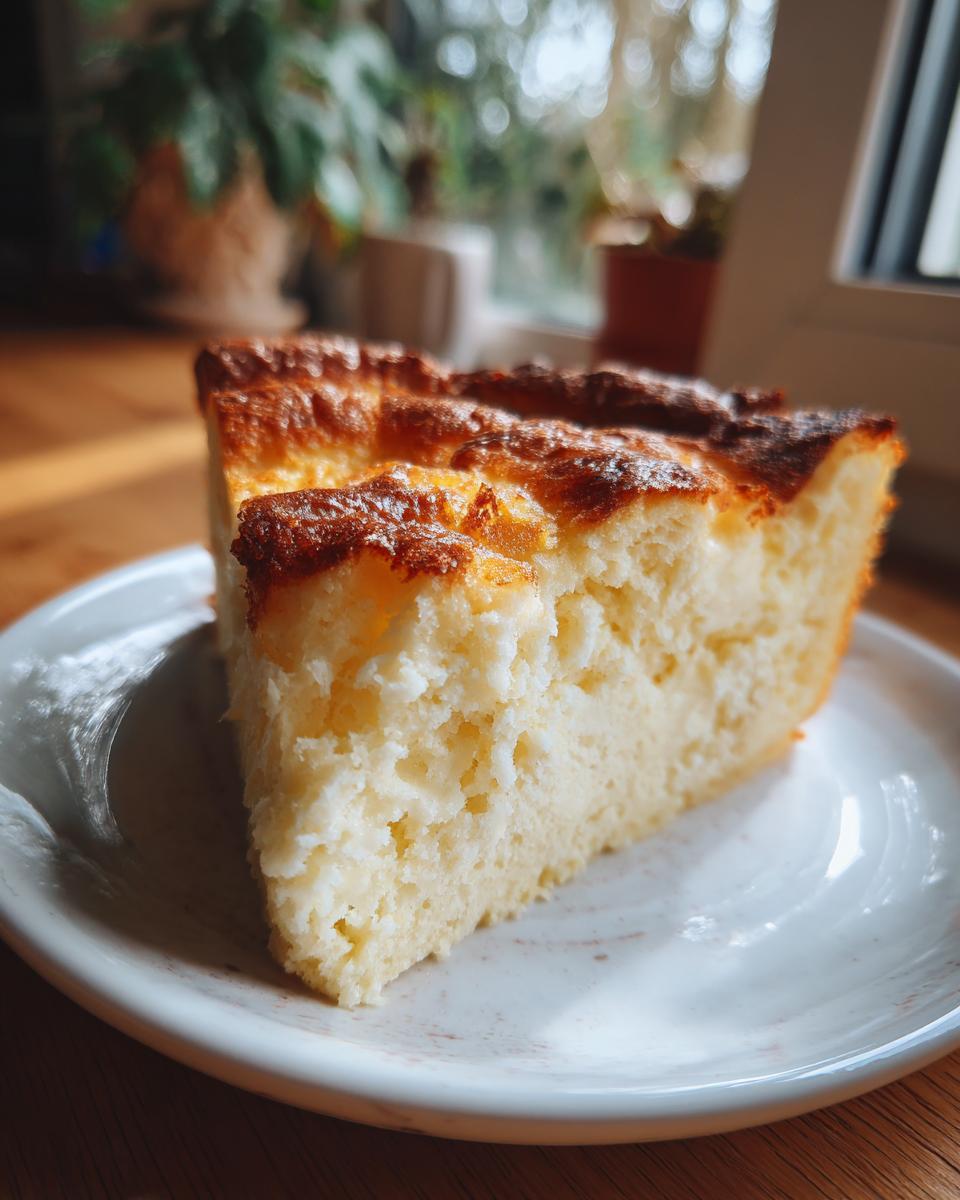 A slice of Schneller Quarkkuchen (German quark cake) on a white plate, showing the texture and golden crust.