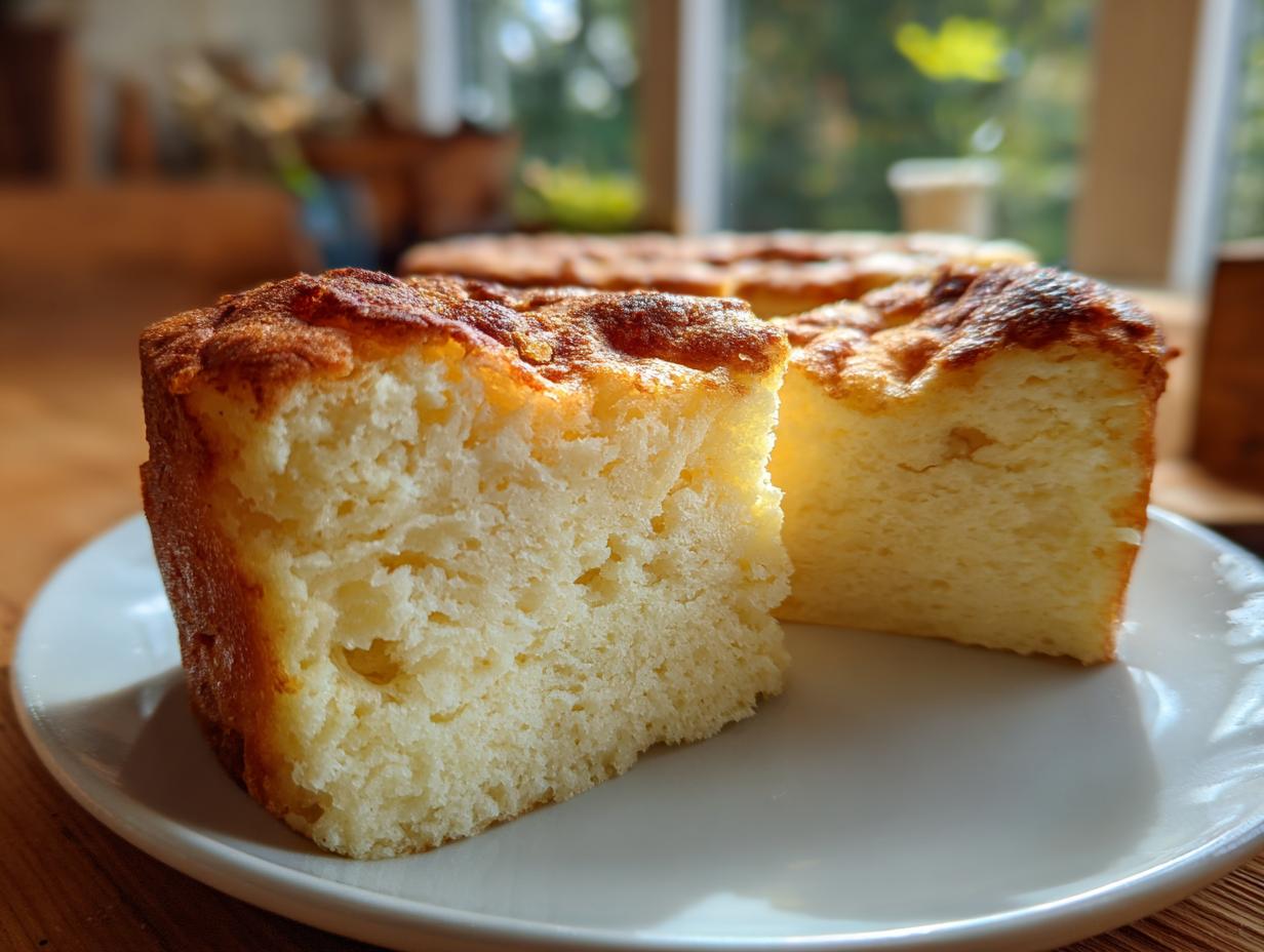 A slice of Schneller Quarkkuchen (German quark cake) on a white plate, showing its texture.