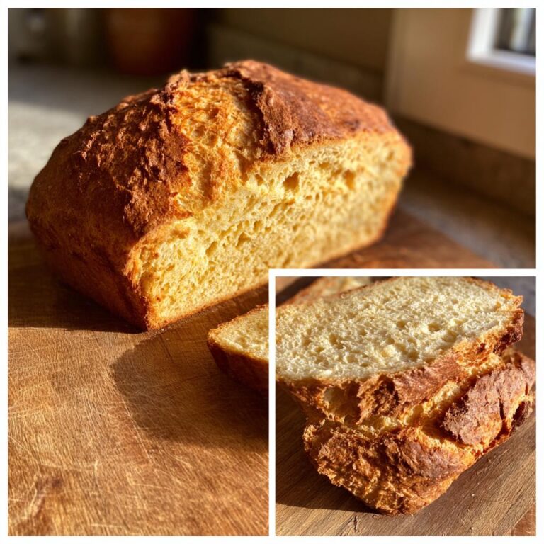 Freshly baked Schnelles Airfryer-Brot nach Jamie Oliver on a wooden board, showcasing its golden crust and soft interior.