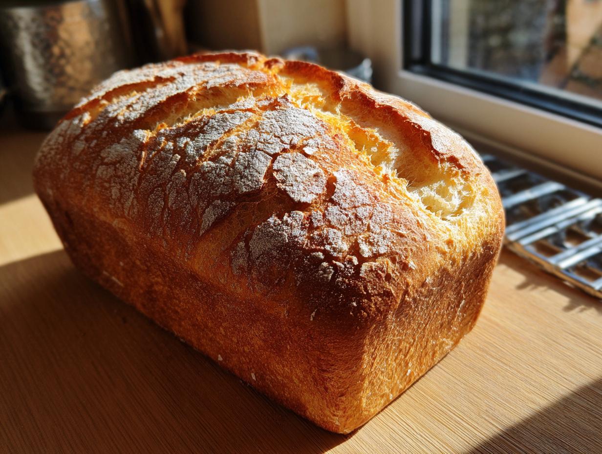 Freshly baked Schnelles Airfryer-Brot nach Jamie Oliver, golden brown crust, sitting on a wooden surface.