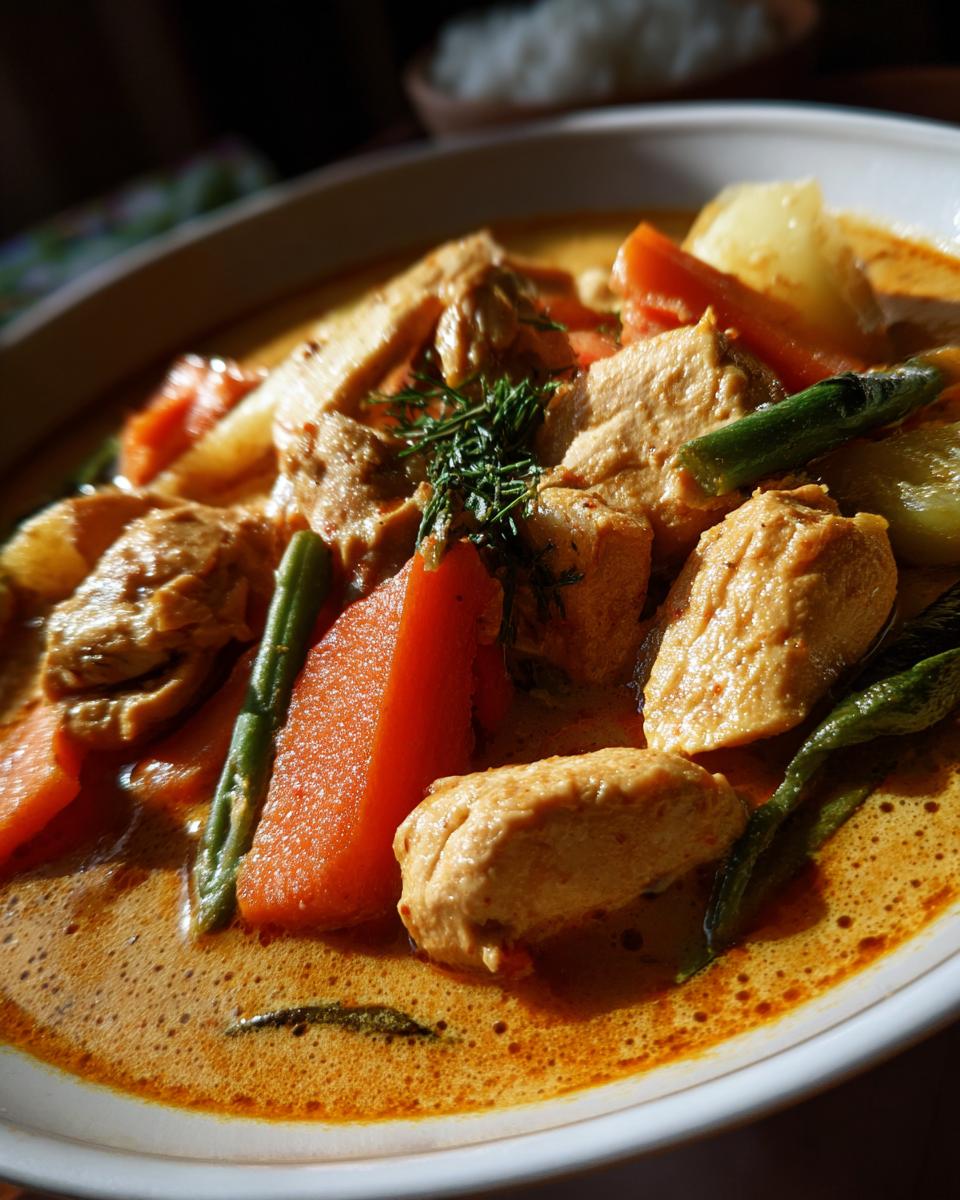 Bowl of Schnelles Hähnchencurry featuring chicken, carrots, green beans, and a creamy curry sauce.