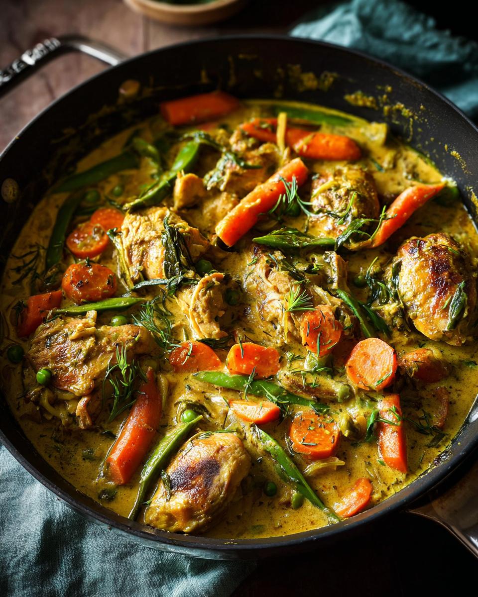 Overhead shot of Schnelles Hähnchencurry with chicken, carrots, and green beans in a creamy curry sauce.