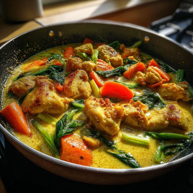 Schnelles Hähnchencurry mit Gemüse in einer Pfanne, bereit zum Servieren.
