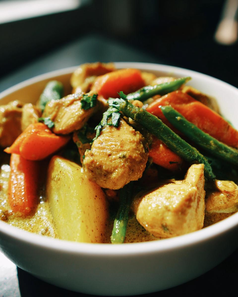 Nahaufnahme von Schnelles Hähnchencurry mit Hähnchen, Gemüse und Currysoße in einer weißen Schüssel.