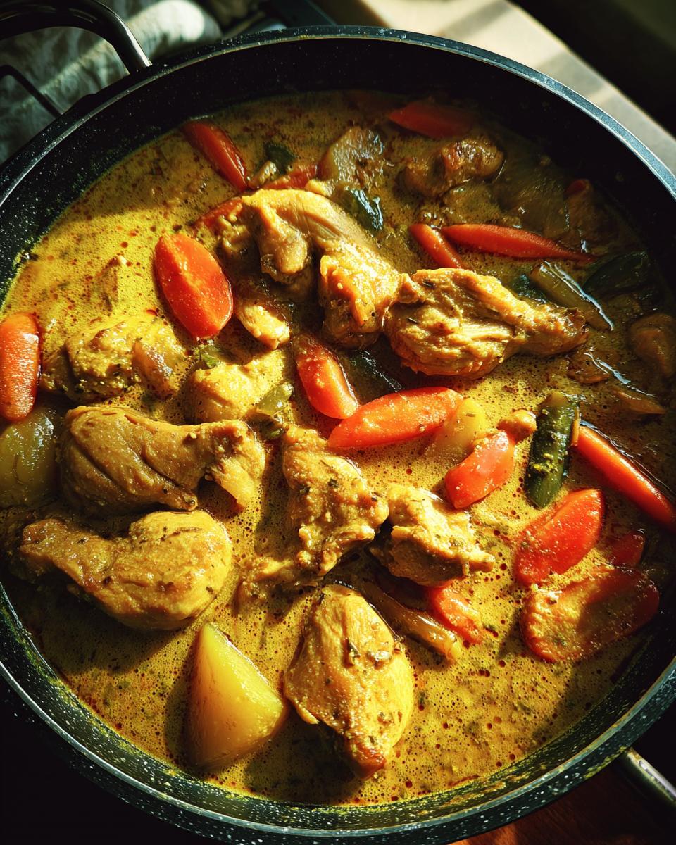 Topf mit dampfendem Schnelles Hähnchencurry, bestehend aus Hähnchen, Karotten und Kartoffeln in Currysoße.