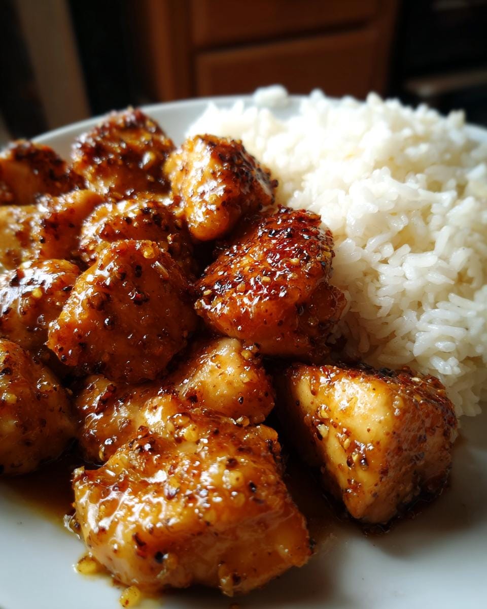 Close-up of Schnelles Honig Senf Hähnchen mit Reis on a white plate.
