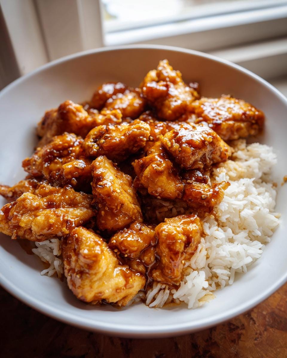 Close-up of Schnelles Honig Senf Hähnchen mit Reis rezept in a white bowl, ready to eat.
