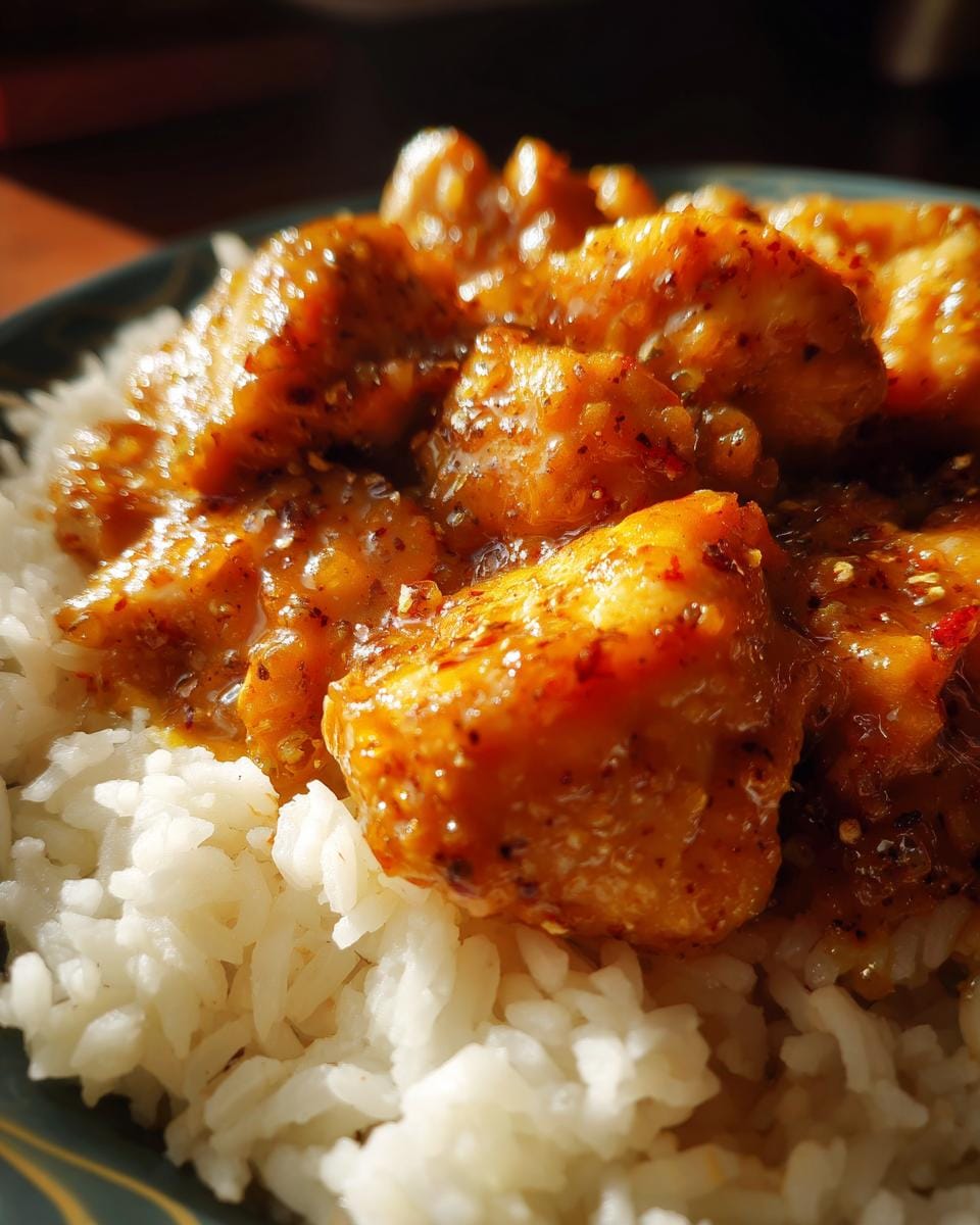 Close-up of Schnelles Honig Senf Hähnchen mit Reis, featuring chicken pieces coated in honey mustard sauce over rice.