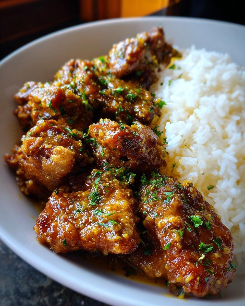 Close-up of Schnelles Honig Senf Hähnchen mit Reis, garnished with fresh herbs, in a white bowl.
