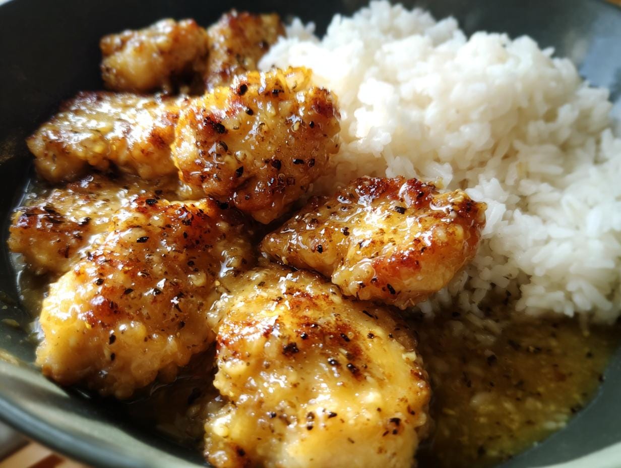 Close-up of Schnelles Honig Senf Hähnchen mit Reis rezept, featuring chicken pieces coated in honey mustard sauce with rice.